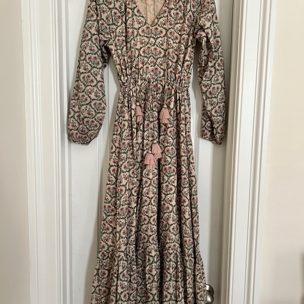 Roller Rabbit Beige Floral Long Sleeve Tassel Angelica Maxi Dress